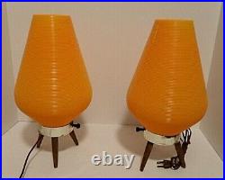 PAIR Vintage Tripod Mid Century Modern Atomic Table Lamps Beehive Plastic Shade