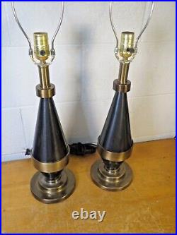 PAIR of vintage MID CENTURY MODERN brushed brass conical table lamps 3 way