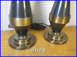 PAIR of vintage MID CENTURY MODERN brushed brass conical table lamps 3 way