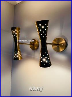 Pair Atomic 50's 60's Style mid-Century Modern Bow tie Dual Cone Wall Sconce