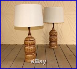 Pair Large Ceramic Wood Lamps Mid Century Modern Beige Tan Walnut Retro Atomic