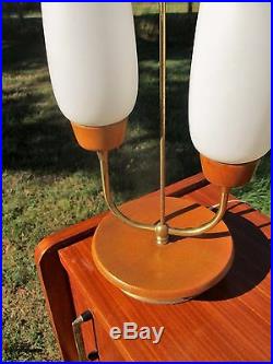 Pair Mid Century Brass Beech Wood Rocket Atomic Table Desk Nightstand Lamps Lamp