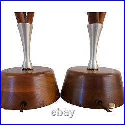 Pair Mid Century Modern Sculpted Wood & Steel Atomic Table Lamps Danish Teak VTG
