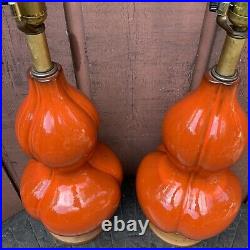 Pair Of Mid Century Ceramic Lamps Flame Orange Glazed Atomic MCM