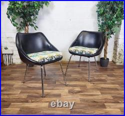 Pair Of Vintage Mid-Century Chairs Black Vinyl & Floral Seats Atomic Retro MCM