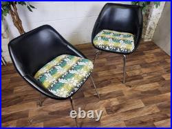 Pair Of Vintage Mid-Century Chairs Black Vinyl & Floral Seats Atomic Retro MCM