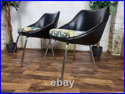 Pair Of Vintage Mid-Century Chairs Black Vinyl & Floral Seats Atomic Retro MCM
