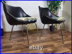 Pair Of Vintage Mid-Century Chairs Black Vinyl & Floral Seats Atomic Retro MCM