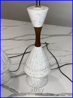 Pair of Mid Century Modern Speckle Glaze Walnut Lamps Danish Atomic RETRO Mod