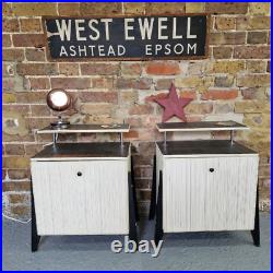 Pair of mid century atomic bedside cabinets nightstands