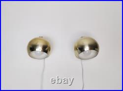 Pair of mid century atomic eyeball lamps, gold globe lights, Swedish Scandinavia
