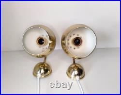 Pair of mid century atomic eyeball lamps, gold globe lights, Swedish Scandinavia