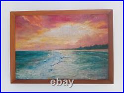 Retro 1965 Oil On Board Of A Coastal Sunset MID Century Modern Art Atomic Era