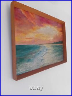 Retro 1965 Oil On Board Of A Coastal Sunset MID Century Modern Art Atomic Era