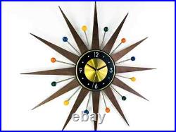 Retro Starburst Mid Century Modern Wall Clock Multicolor Brass & Wood 30'' 26 Retro Starburst Mid Century Modern Wall Clock Multicolor Brass & Wood 30'' 26