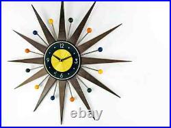 Retro Starburst Mid Century Modern Wall Clock Multicolor Brass & Wood 30'' 26 Retro Starburst Mid Century Modern Wall Clock Multicolor Brass & Wood 30'' 26
