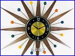 Retro Starburst Mid Century Modern Wall Clock Multicolor Brass & Wood 30'' 26 Retro Starburst Mid Century Modern Wall Clock Multicolor Brass & Wood 30'' 26