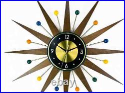 Retro Starburst Mid Century Modern Wall Clock Multicolor Brass & Wood 30'' 26 Retro Starburst Mid Century Modern Wall Clock Multicolor Brass & Wood 30'' 26