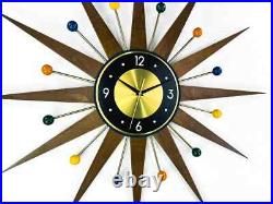 Retro Starburst Mid Century Modern Wall Clock Multicolor Brass & Wood 30'' 26 Retro Starburst Mid Century Modern Wall Clock Multicolor Brass & Wood 30'' 26