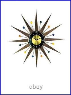 Retro Starburst Mid Century Modern Wall Clock Multicolor Brass & Wood 30'' 26 Retro Starburst Mid Century Modern Wall Clock Multicolor Brass & Wood 30'' 26
