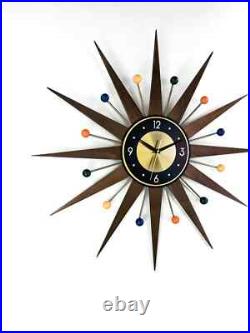 Retro Starburst Mid Century Modern Wall Clock Multicolor Brass & Wood 30'' 26 Retro Starburst Mid Century Modern Wall Clock Multicolor Brass & Wood 30'' 26