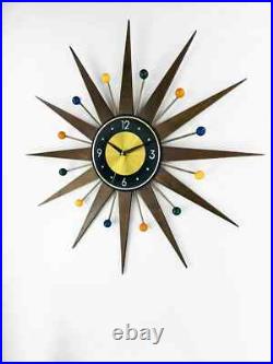 Retro Starburst Mid Century Modern Wall Clock Multicolor Brass & Wood 30'' 26 Retro Starburst Mid Century Modern Wall Clock Multicolor Brass & Wood 30'' 26