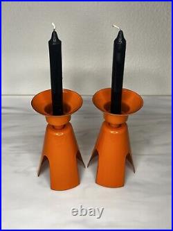 Set 2 Large Atomic Orange Enamel Metal Candle Holder Set MCM Space Age Decor