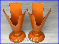 Set 2 Large Atomic Orange Enamel Metal Candle Holder Set MCM Space Age Decor