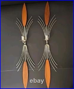 Set Of 2 Vintage 60s Mid Century Atomic Wall Sconce Candle Holder Wood Metal 22