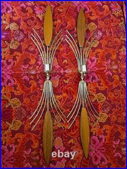 Set Of 2 Vintage 60s Mid Century Atomic Wall Sconce Candle Holder Wood Metal 22