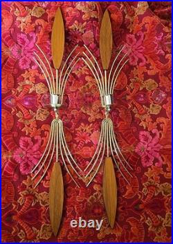 Set Of 2 Vintage 60s Mid Century Atomic Wall Sconce Candle Holder Wood Metal 22