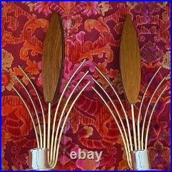 Set Of 2 Vintage 60s Mid Century Atomic Wall Sconce Candle Holder Wood Metal 22