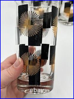 Set Of 6 Highball MCM Atomic Gold Black Starburst Barware Glasses