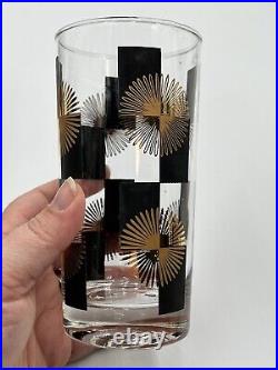 Set Of 6 Highball MCM Atomic Gold Black Starburst Barware Glasses