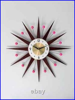 Starburst Wall Clock Mid Century Modern Retro Decor Pink Accent 25 27 30 Inch