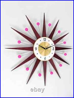 Starburst Wall Clock Mid Century Modern Retro Decor Pink Accent 25 27 30 Inch