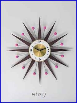 Starburst Wall Clock Mid Century Modern Retro Decor Pink Accent 25 27 30 Inch