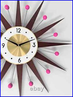 Starburst Wall Clock Mid Century Modern Retro Decor Pink Accent 25 27 30 Inch