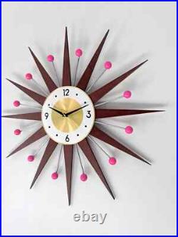 Starburst Wall Clock Mid Century Modern Retro Decor Pink Accent 25 27 30 Inch