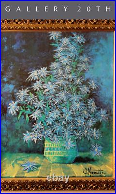 Stunning! MID Century Mastin Atomic Blue Lithograph! Art 50s Flower Painting Vtg