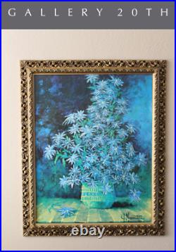 Stunning! MID Century Mastin Atomic Blue Lithograph! Art 50s Flower Painting Vtg