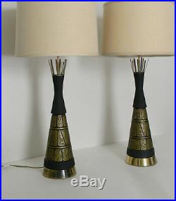 Tall Pair Mid Century Modern Atomic Chalkware Plaster Pottery Lamps F A I P FAIP