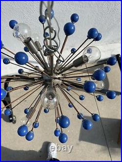 VINTAGE Bulb SPUTNIK ATOMIC LIGHT Mid Century Modern Chandelier Blue Wood Balls