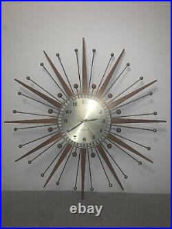 VTG Mid-Century Modern Starburst Atomic Wall Clock Westclox Nocord Wood Sunburst