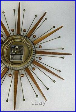 VTG Mid-Century Modern Starburst Atomic Wall Clock Westclox Nocord Wood Sunburst