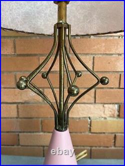 Vintage 50s 60s Pink Brass Metal Atomic Lamp Mid Century Modern Fiberglass Shade