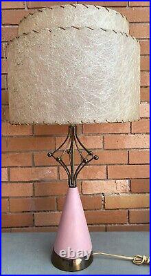 Vintage 50s 60s Pink Brass Metal Atomic Lamp Mid Century Modern Fiberglass Shade