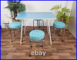 Vintage 60's Blue Formica Kitchen Table & 4 Chrome Stools Set Atomic Mid-Century