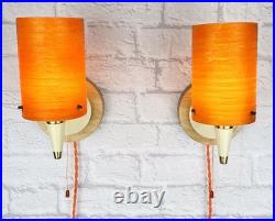 Vintage Bakelite 50's Atomic Ivory Wall Lights With Orange Fibreglass Shades MCM