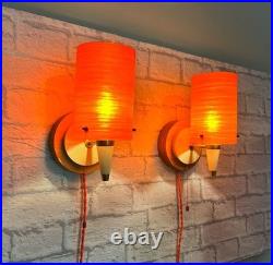 Vintage Bakelite 50's Atomic Ivory Wall Lights With Orange Fibreglass Shades MCM